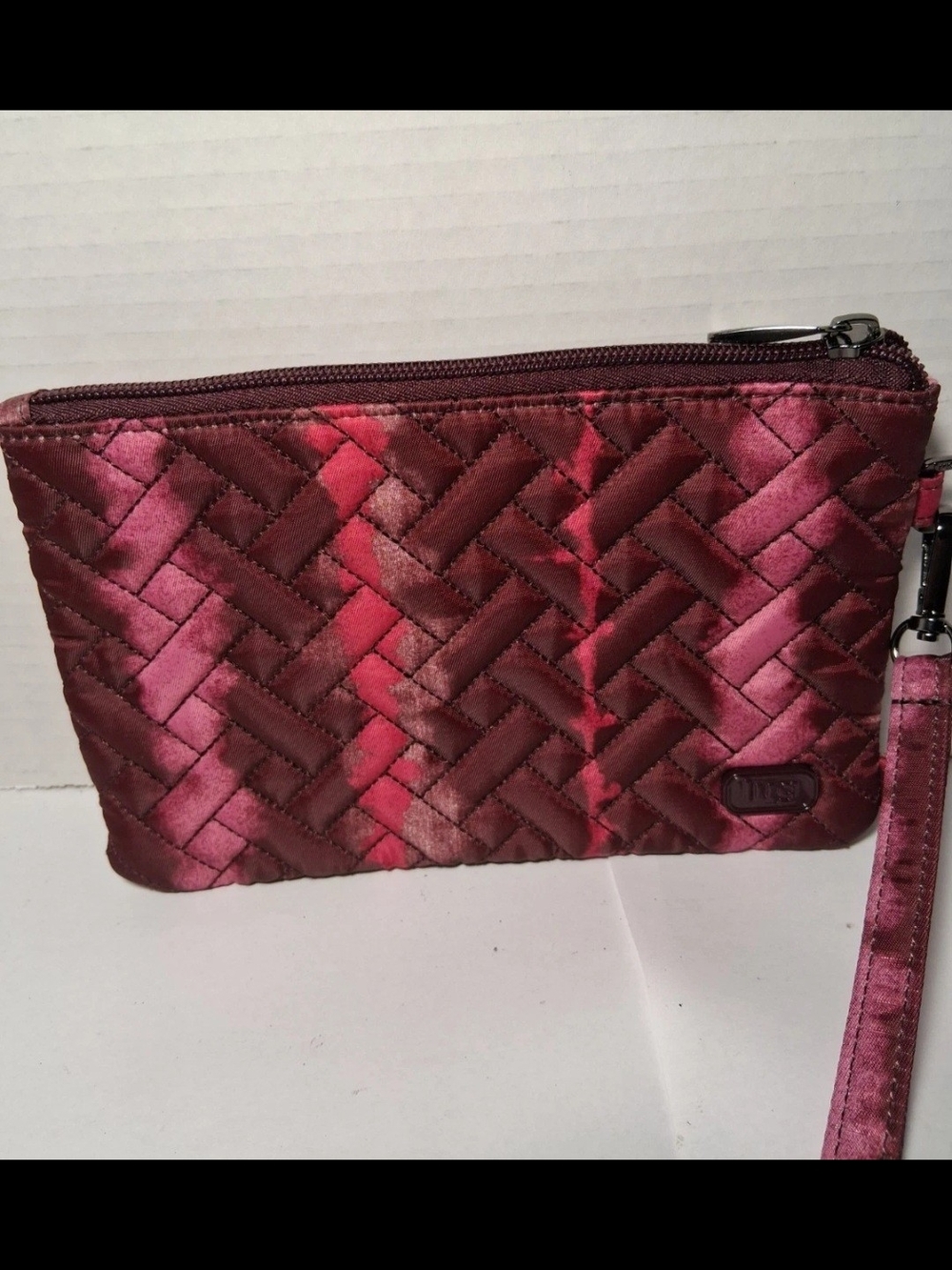 lug Quilted Satin Wristlet in Burgundy and Pink